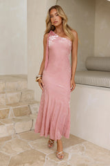 Embossed Bloom One Shoulder Maxi Dress Pink