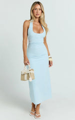 Murray Midi Dress - Deep U Halter Neck Dress in Pale Blue