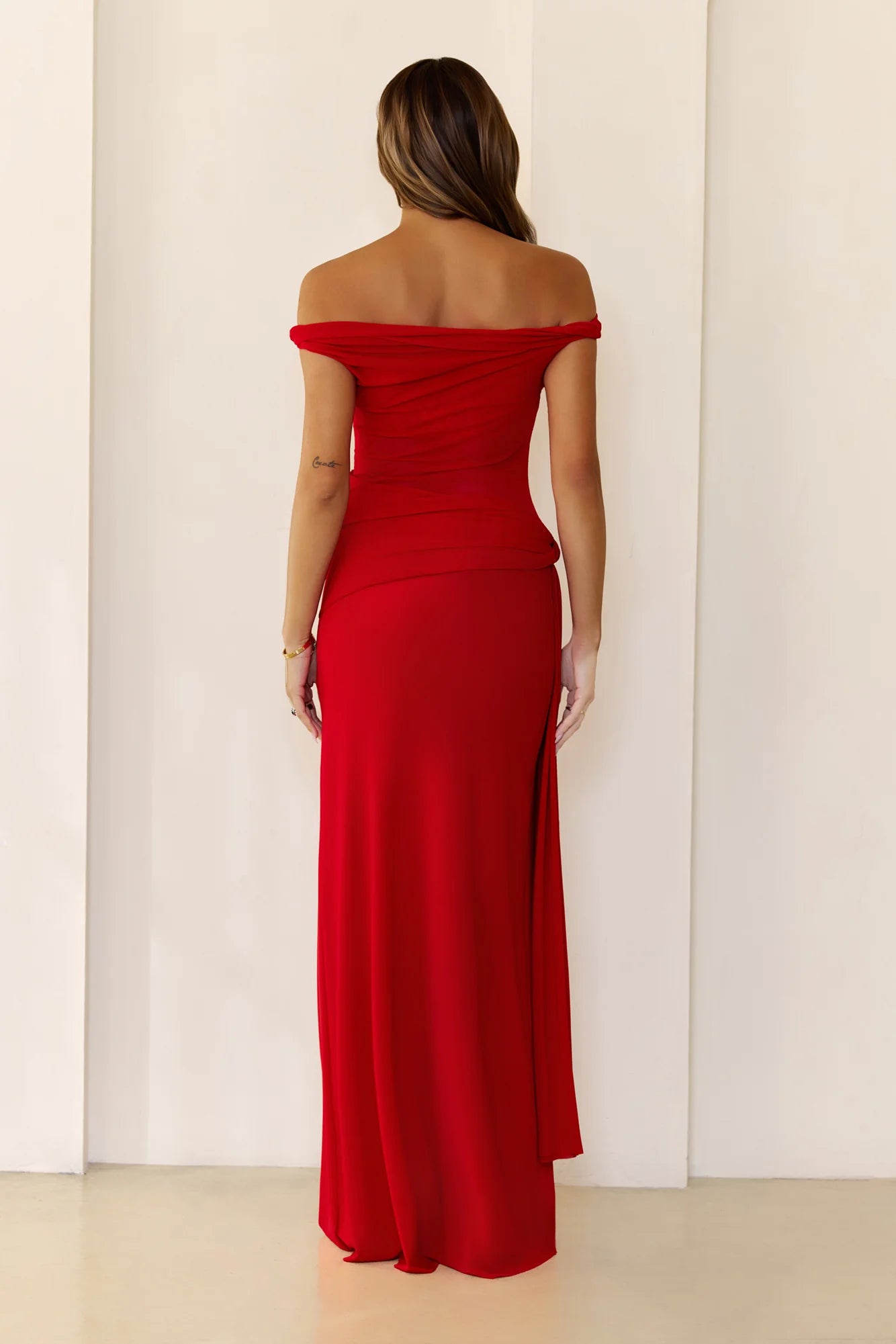 Sleek Off Shoulder Sheer Maxi Dress Red