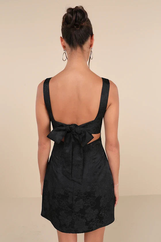 Perfectly Flirtatious Red Floral Jacquard Tie-Back Mini Dress