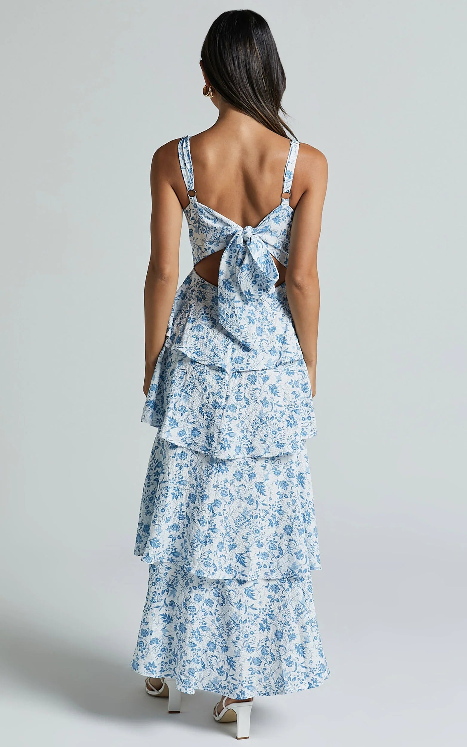 Lorma Midi Dress - Ruched Layered Dress in Blue Floral